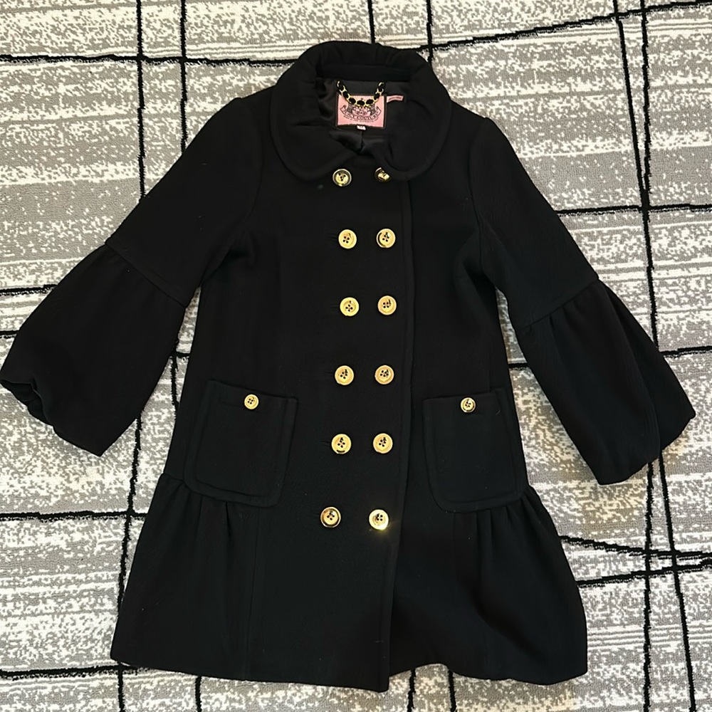 Juicy Couture black balloon hem wool coat size M gold buttons